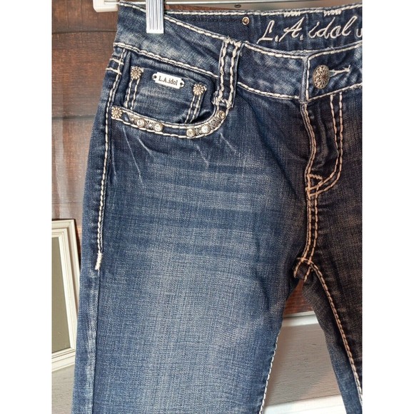 L.A.  idol Womens Juniors Distressed‎ Embroidered Rhinstones Skinny Jeans Size 7 - Picture 9 of 13